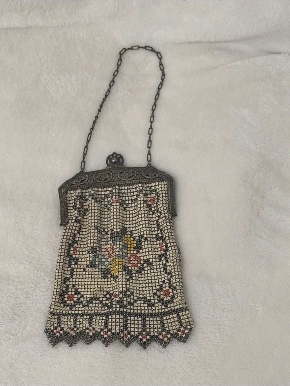 Whiting & Davis Beaded Floral Mesh Evening Bag in Cream, Blue, Yellow, Red